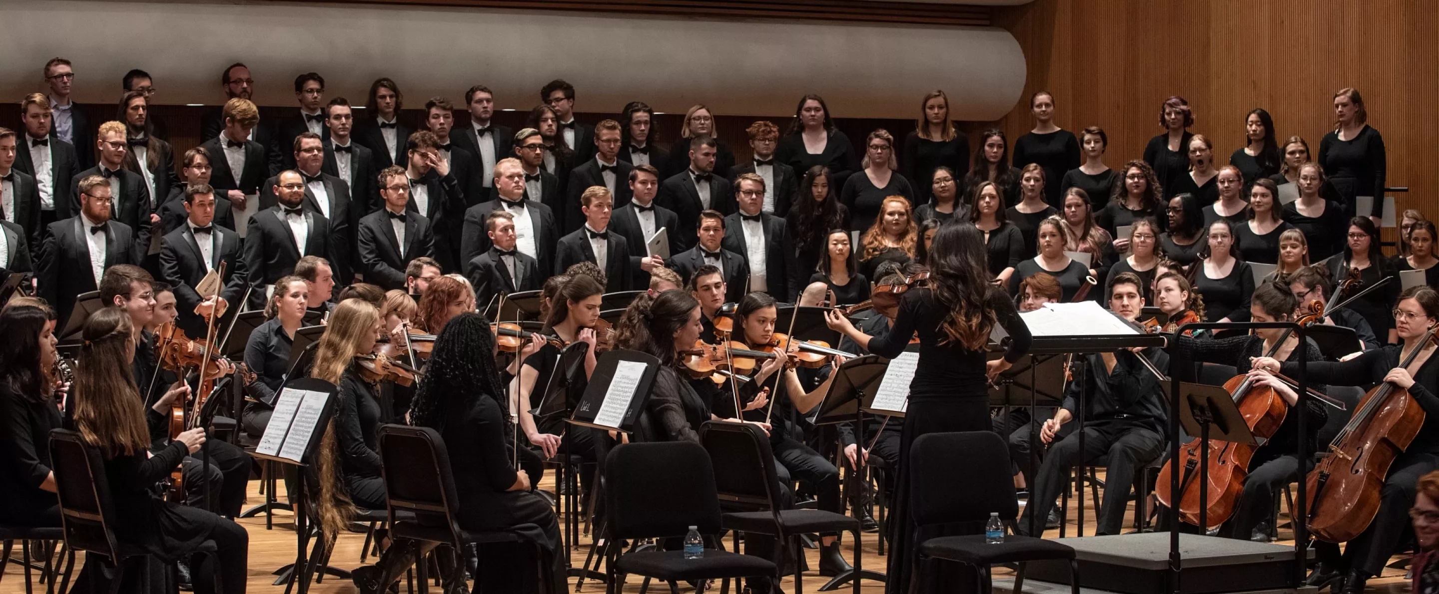 Musicians who played instruments and sang in a music symphony concert.
