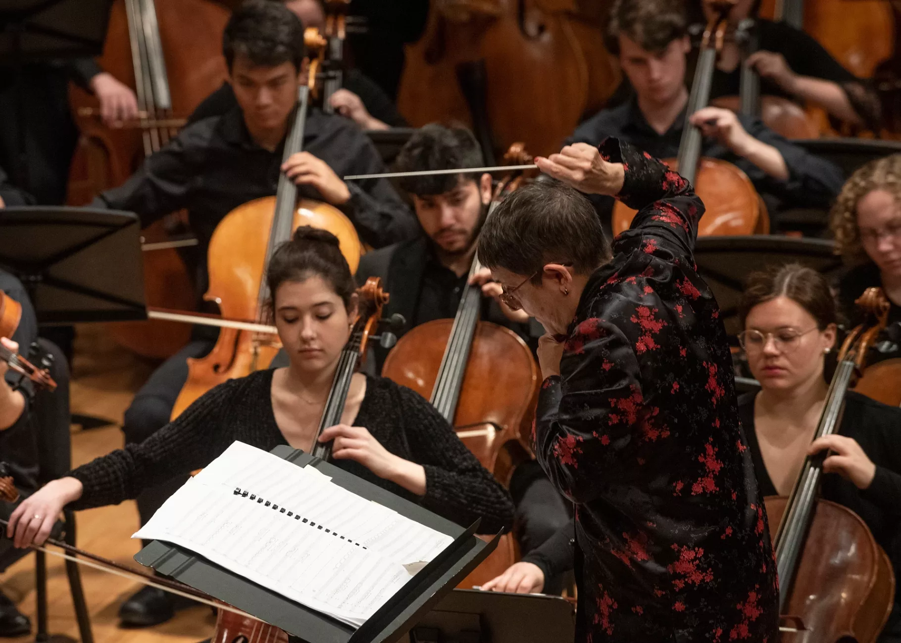 Conductor and musicians performing at a music symphony concert.