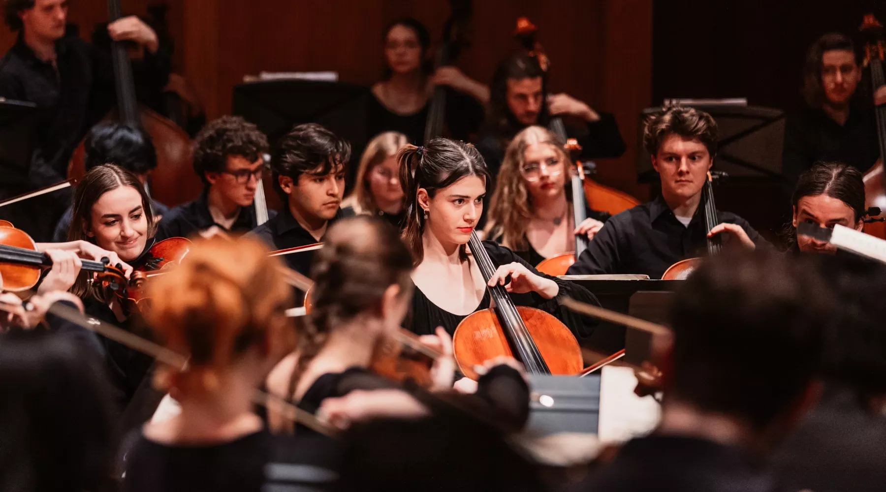 Students playing instruments in a symphony orchestra concert.