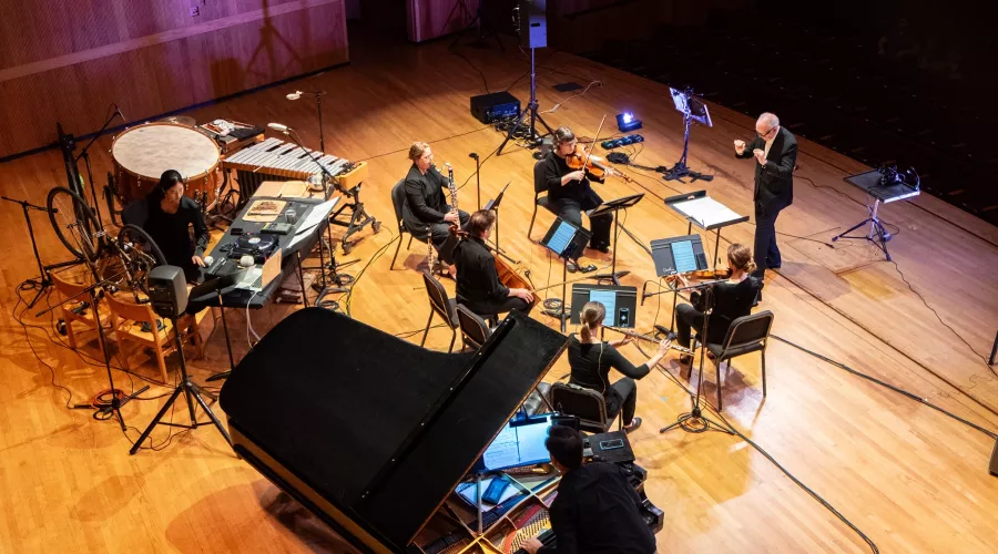 Musicians on stage during a Talea new music concert.